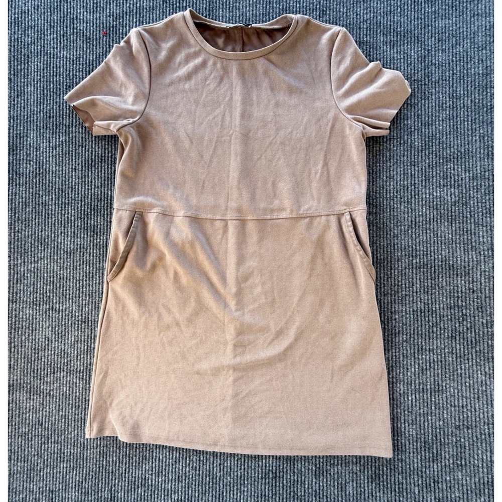 Zara Womens Faux Suede Short Sleeve Shift Dress Tan Pockets Size L